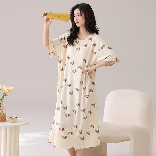 自然醒月半夏季（带胸垫）韩版中长款冰丝睡裙女款短袖连衣裙家居服可外穿QH 商品图3