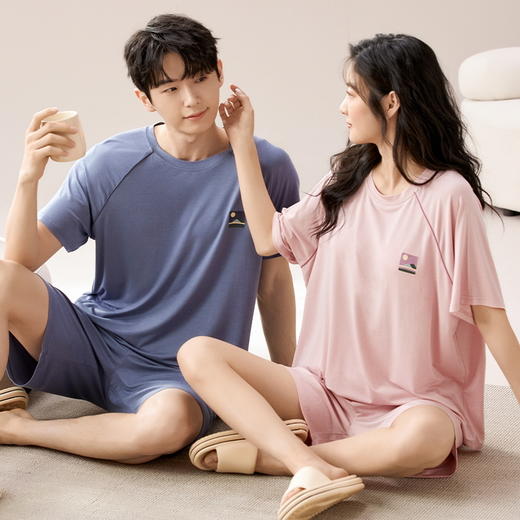 【初夏焕新】自然醒素伴情侣家居服莫代尔短袖套头睡衣（女款带胸垫）QH 商品图1