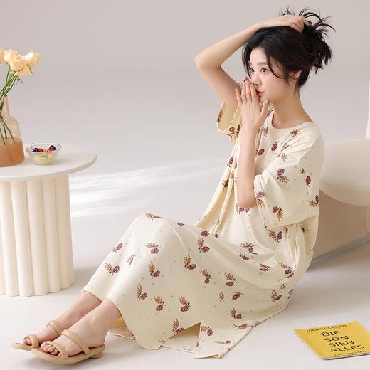 自然醒月半夏季（带胸垫）韩版中长款冰丝睡裙女款短袖连衣裙家居服可外穿QH 商品图14