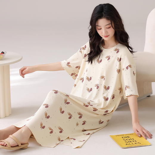 自然醒月半夏季（带胸垫）韩版中长款冰丝睡裙女款短袖连衣裙家居服可外穿QH 商品图12