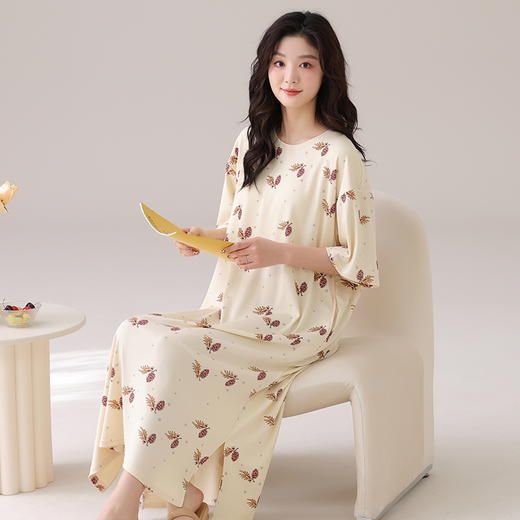 自然醒月半夏季（带胸垫）韩版中长款冰丝睡裙女款短袖连衣裙家居服可外穿QH 商品图8