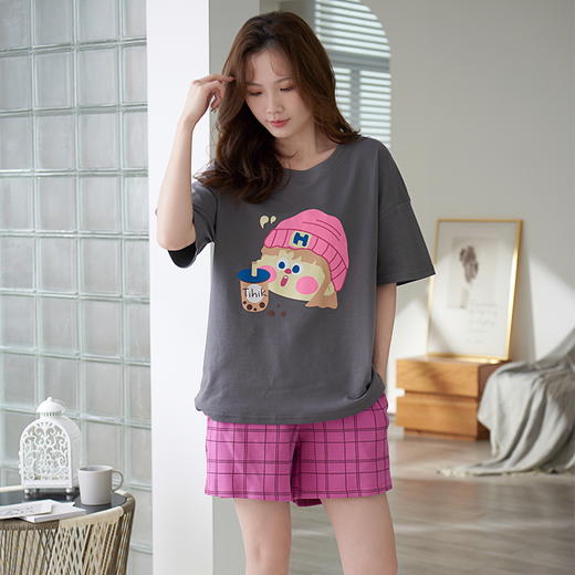 自然醒彩虹牛奶丝（带胸垫）一体睡衣女夏短袖薄款韩范甜美休闲可外穿家居服QH 商品图2