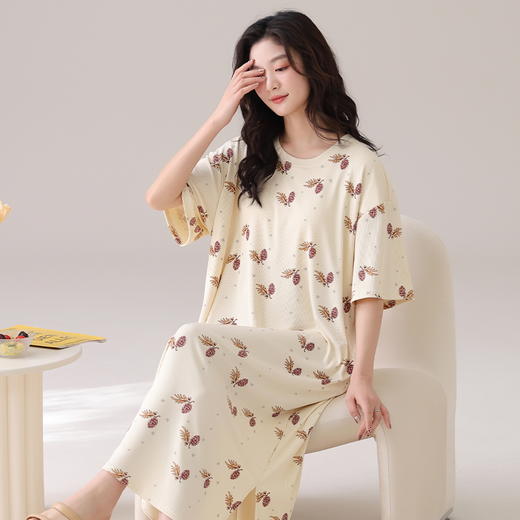自然醒月半夏季（带胸垫）韩版中长款冰丝睡裙女款短袖连衣裙家居服可外穿QH 商品图4