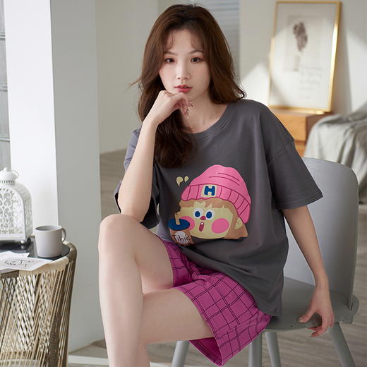 自然醒彩虹牛奶丝（带胸垫）一体睡衣女夏短袖薄款韩范甜美休闲可外穿家居服QH 商品图10