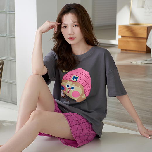 自然醒彩虹牛奶丝（带胸垫）一体睡衣女夏短袖薄款韩范甜美休闲可外穿家居服QH 商品图3