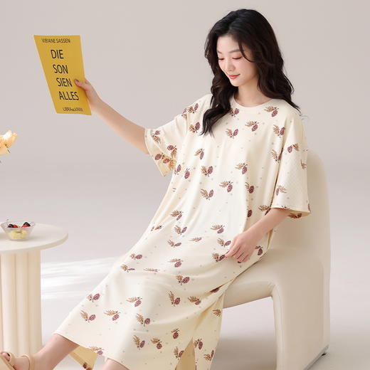 自然醒月半夏季（带胸垫）韩版中长款冰丝睡裙女款短袖连衣裙家居服可外穿QH 商品图6