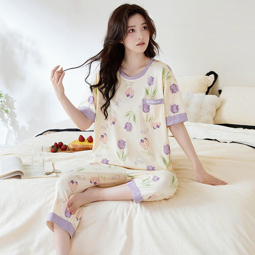 【初夏焕新】自然醒白柔女士家居服牛奶丝三件套裙+七分套头睡衣QH 商品图3