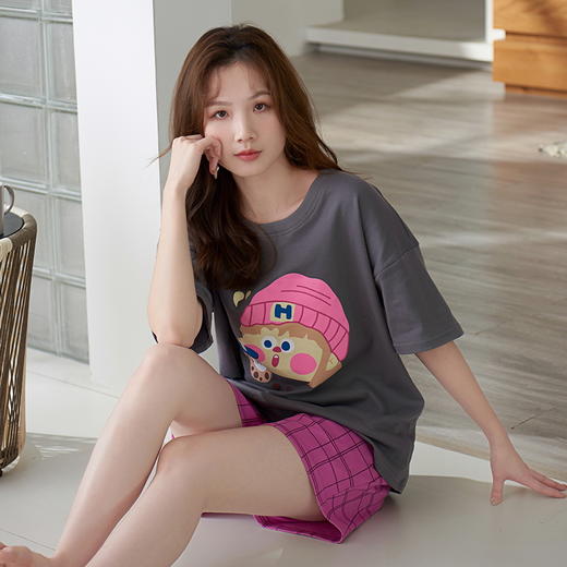 自然醒彩虹牛奶丝（带胸垫）一体睡衣女夏短袖薄款韩范甜美休闲可外穿家居服QH 商品图7