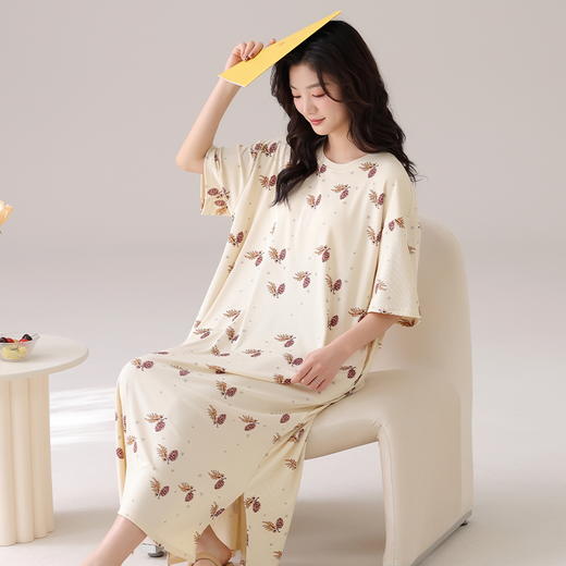 自然醒月半夏季（带胸垫）韩版中长款冰丝睡裙女款短袖连衣裙家居服可外穿QH 商品图7
