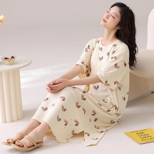 自然醒月半夏季（带胸垫）韩版中长款冰丝睡裙女款短袖连衣裙家居服可外穿QH 商品图13