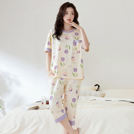 【初夏焕新】自然醒白柔女士家居服牛奶丝三件套裙+七分套头睡衣QH 商品图1