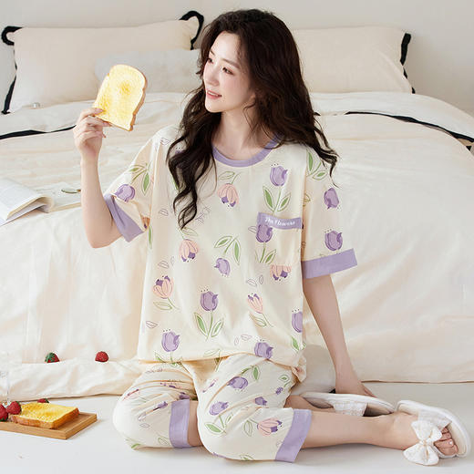 【初夏焕新】自然醒白柔女士家居服牛奶丝三件套裙+七分套头睡衣QH 商品图6