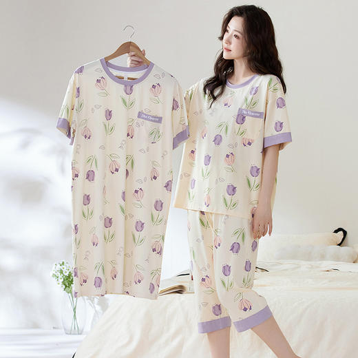 【初夏焕新】自然醒白柔女士家居服牛奶丝三件套裙+七分套头睡衣QH 商品图0