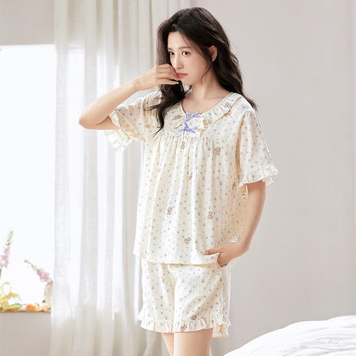 自然醒梵花云朵棉（带胸垫）睡衣女款夏季短袖短裤薄款花边甜美风女士家居服QH 商品图2