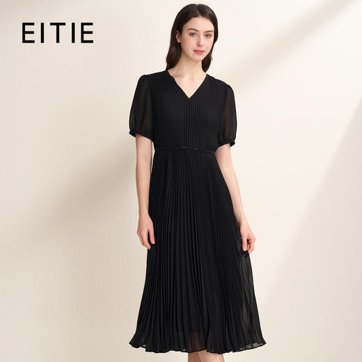 EITIE爱特爱法式优雅显瘦V领收腰百褶垂坠连衣裙夏季新款8207959 商品图0