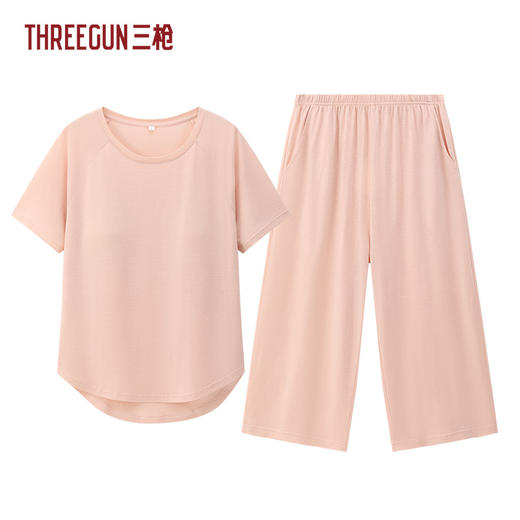 Threegun三枪 莱赛尔隐条圆领插肩短袖中裤bra女家居套-T80162D01 商品图0