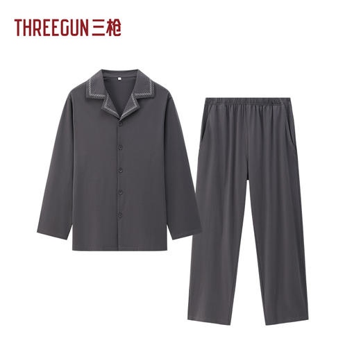 Threegun三枪 冰泉棉翻领开襟长袖长裤男家居套-T80133D02 商品图1