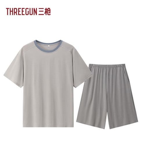 Threegun三枪 莱赛尔隐条圆领短袖短裤男家居套-T80141D01 商品图2