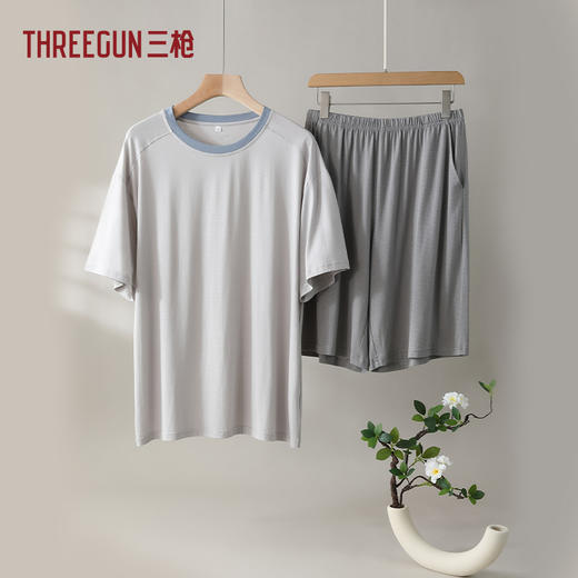 Threegun三枪 莱赛尔隐条圆领短袖短裤男家居套-T80141D01 商品图12