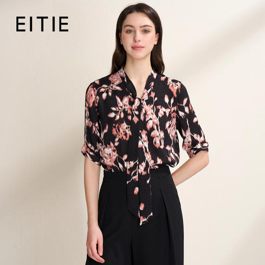 EITIE爱特爱复古飘带V领气质优雅印花中袖衬衫春季新款8109804 商品图0