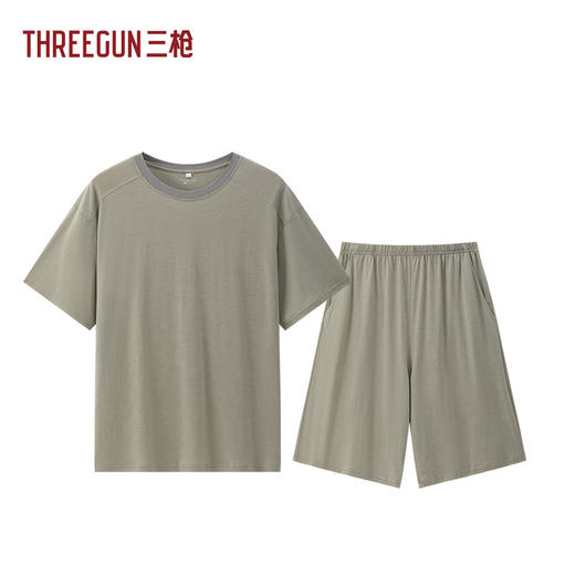 Threegun三枪 莱赛尔隐条圆领短袖短裤男家居套-T80141D01 商品图0