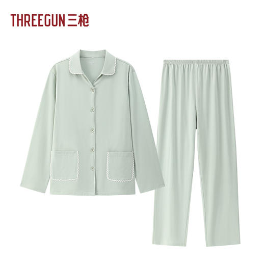 Threegun三枪 冰泉棉翻领开襟长袖长裤女家居套-T80145D02 商品图0