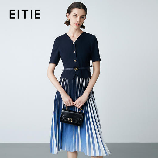 EITIE爱特爱夏新款时尚通勤假两件收腰百褶拼接渐变西装连衣裙7707429 商品图0