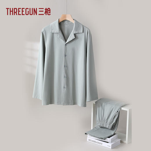 Threegun三枪 冰泉棉翻领开襟长袖长裤男家居套-T80133D02 商品图12