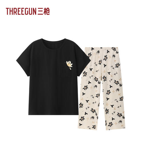 Threegun三枪 冰泉棉圆领短袖长裤女家居套-T80156D02 商品图0