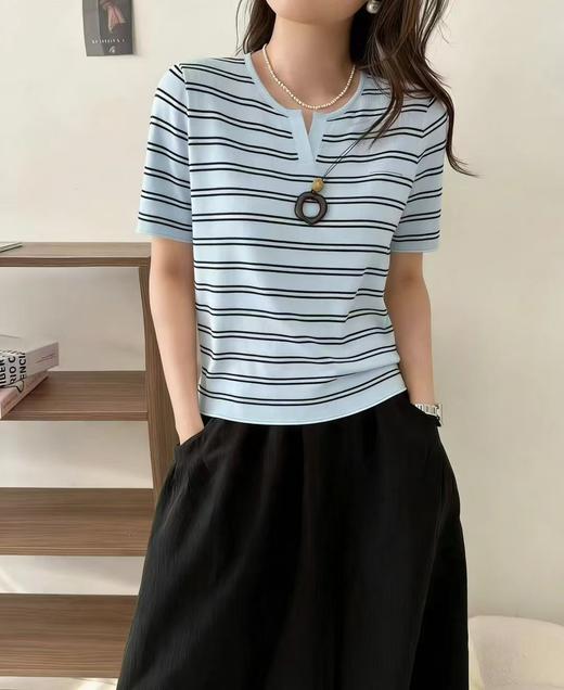 FS竹纤维女士时尚小V领条纹针织半袖630 商品图0