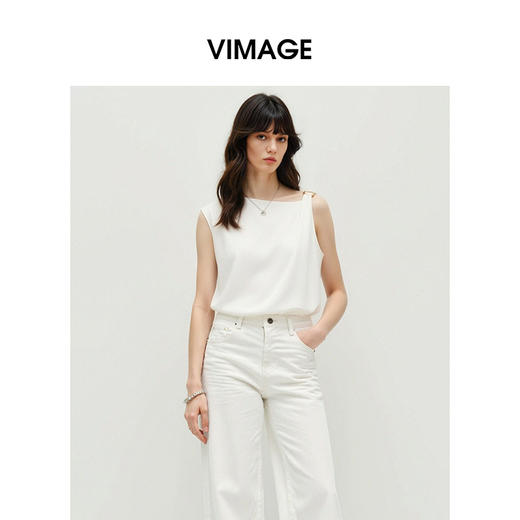 VIMAGE纬漫纪2026夏季新款斜肩设计感修身显瘦无袖T恤V2502106 商品图4