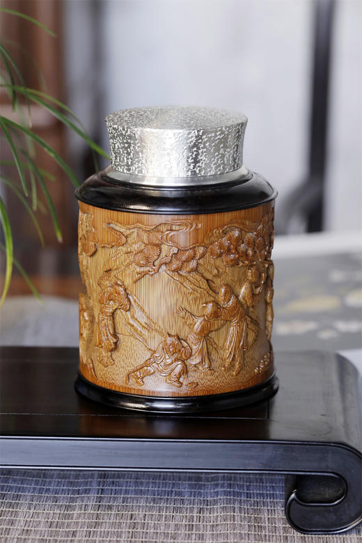 迎春图*锡胆竹雕茶叶罐 商品图2