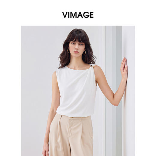 VIMAGE纬漫纪2026夏季新款斜肩设计感修身显瘦无袖T恤V2502106 商品图3