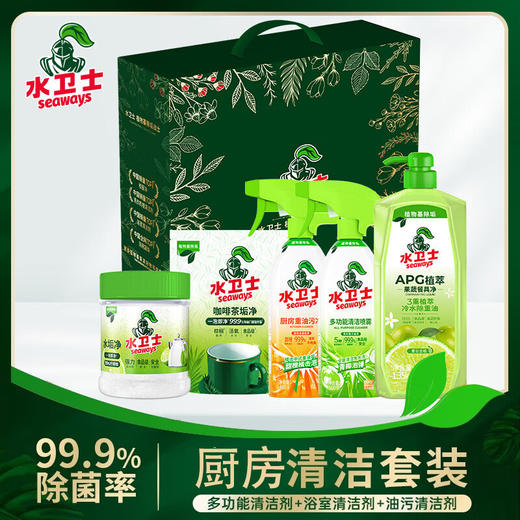 DH 水卫士厨房套装（油污净-带喷头1瓶+洗洁精1瓶-带喷头+多功能清洁剂-带喷头1瓶+水垢净1瓶 咖啡茶垢净1袋+中号礼盒1个） 商品图0