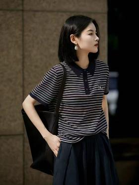 LS竹纤维莱赛尔女士时尚条纹翻领半袖5712