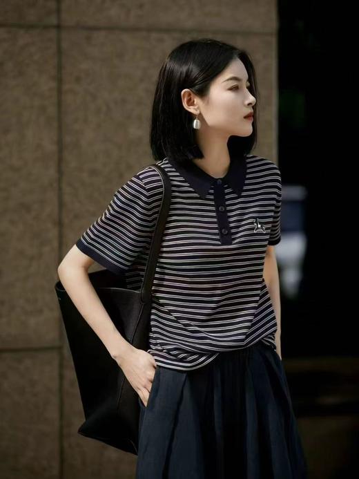 LS竹纤维莱赛尔女士时尚条纹翻领半袖5712 商品图0