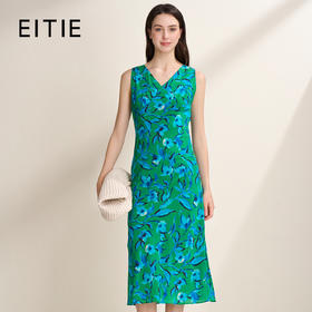 EITIE爱特爱时尚高腰a字显瘦撞色印花V领无袖连衣裙夏季新款8207940
