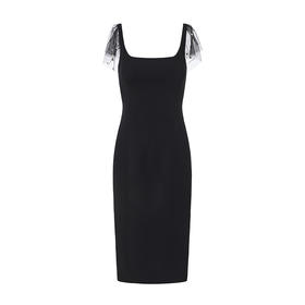 【星夜微光】珠点薄纱飞袖造型方领修身连衣裙