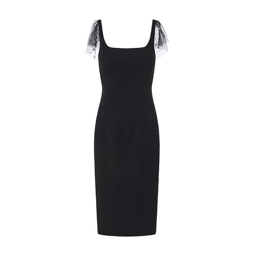 【星夜微光】珠点薄纱飞袖造型方领修身连衣裙 商品图0