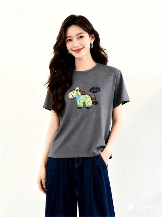 LS竹纤维女士时尚趣味小马印花半袖3662 商品图0