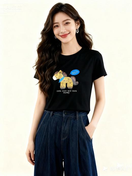 LS竹纤维女士时尚趣味小马印花半袖3662 商品图1