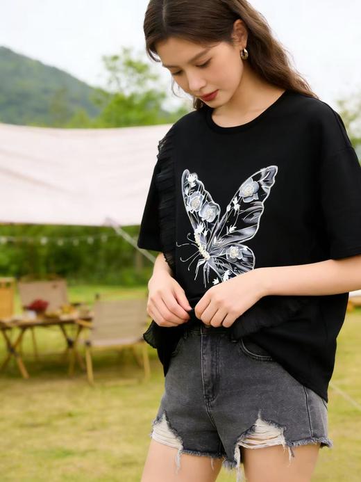 大版【自营】工艺/重工！手工钉珠➕刺绣➕盘扣蝴蝶！潮牌复古宽松设计感中长短袖T恤-喜出 商品图2