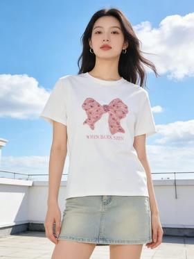重工/工艺T【自营】手工钉钻➕粉立体花朵蝴蝶！0231韩系设计感95棉T恤夏季-喜出