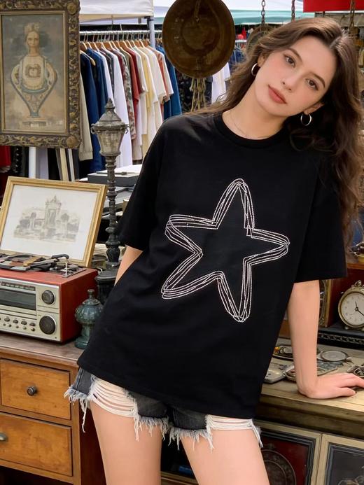 大版【自营】工艺/重工！烫钻➕刺绣边星星！潮牌复古宽松设计感中长短袖T恤-喜出 商品图3