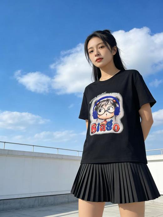 重工/工艺T【自营】卡通➕蓝色耳机烫钻！韩系设计感90棉T恤夏季-喜出 商品图2