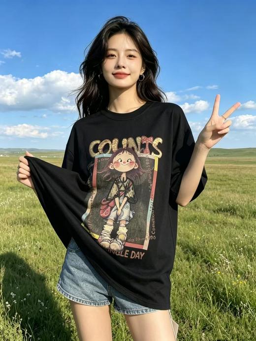 大版【自营】工艺/重工！亮片字母➕刺绣！潮牌复古宽松设计感中长短袖T恤-喜出 商品图3