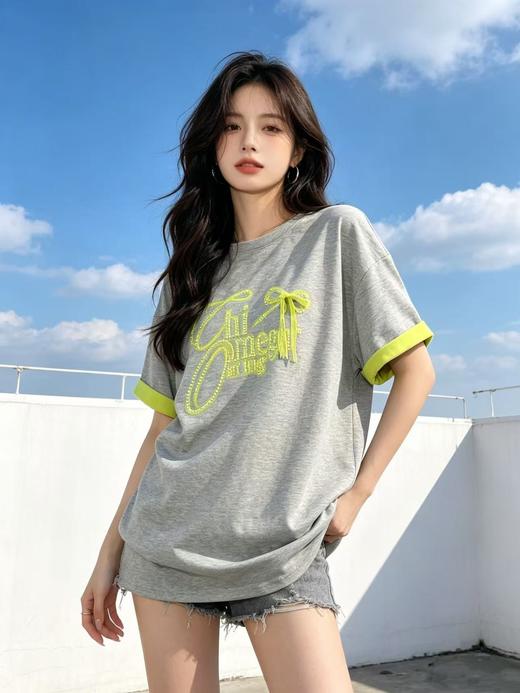 大版【自营】工艺/重工！重工烫钻➕拼色➕蕾丝蝴蝶结！潮牌宽松设计感中长短袖T恤-喜出 商品图0