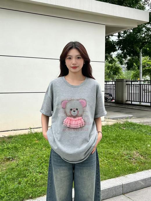 大版【自营】工艺/重工！蕾丝小熊➕烫钻！潮牌复古宽松设计感中长短袖T恤-喜出 商品图1