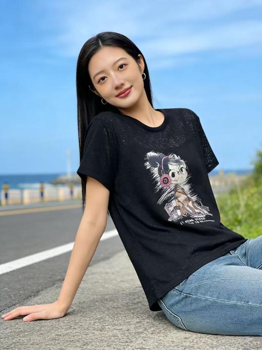 重工/工艺T【自营】可爱女孩➕粉色烫钻耳机！微透韩系设计感95棉短袖T恤夏季-喜出 商品图1