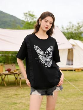 大版【自营】工艺/重工！手工钉珠➕刺绣➕盘扣蝴蝶！潮牌复古宽松设计感中长短袖T恤-喜出